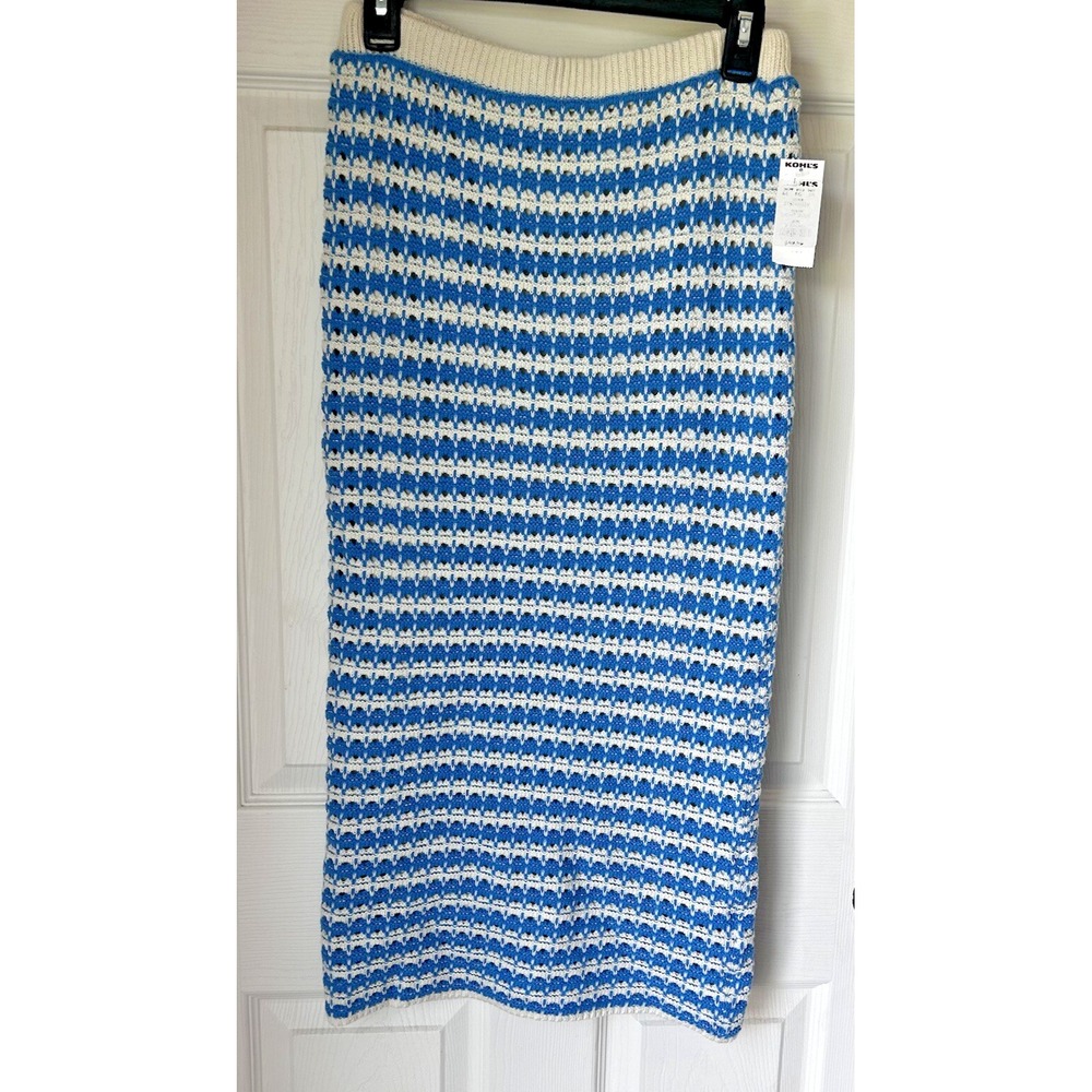 Freshman Knit Long Skirt Crochet Maxi Hippie Striped Lined Sz 6 Blue Cream BxG